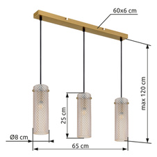 Závěsné svítidlo, zlatý kov, jantarové sklo, černý textilní kabel, výškově nastavitelné, DxŠxV: 650x80x1200mm, bez žárovek 3xE14, max. 40W 230V