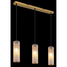 Závěsné svítidlo, zlatý kov, jantarové sklo, černý textilní kabel, výškově nastavitelné, DxŠxV: 650x80x1200mm, bez žárovek 3xE14, max. 40W 230V
