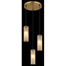 Závěsné svítidlo, kov zlatý, sklo jantarové, textilní kabel černý, výškově nastavitelné, ø: 350mm, V: 1200mm, bez žárovek 3xE14, max. 40W 230V