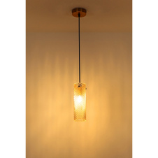 Závěsné svítidlo, zlatý kov, jantarové sklo, černý textilní kabel, výškově nastavitelné, ø: 100mm, V: 1200mm, bez žárovky 1xE14, max. 40W 230V