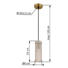 Závěsné svítidlo, zlatý kov, jantarové sklo, černý textilní kabel, výškově nastavitelné, ø: 100mm, V: 1200mm, bez žárovky 1xE14, max. 40W 230V