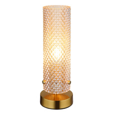 Stolní lampa, zlatý kov, jantarové sklo, černý PVC kabel, kolébkový vypínač na kabelu, ø: 100mm, V: 285mm, délka kabelu 1500mm, bez žárovky 1xE14, max. 40W 230V