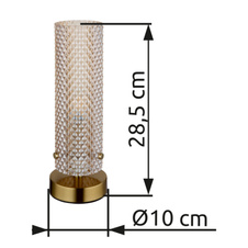 Stolní lampa, zlatý kov, jantarové sklo, černý PVC kabel, kolébkový vypínač na kabelu, ø: 100mm, V: 285mm, délka kabelu 1500mm, bez žárovky 1xE14, max. 40W 230V