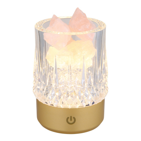 Stolní lampa, zlatý plast, průhledný křišťálový efekt, růžové ozdobné kameny, dotykový spínač a stmívač, bez adaptéru, včetně USB kabelu, USB-A 2.0 - USB-C, v dárkové krabičce se srdíčkem, ø: 78mm V: 105mm, LED 1W 230V, výkon 95lm, 3000K