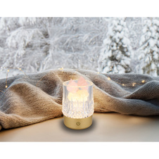 Stolní lampa, zlatý plast, průhledný křišťálový efekt, růžové ozdobné kameny, dotykový spínač a stmívač, bez adaptéru, včetně USB kabelu, USB-A 2.0 - USB-C, v dárkové krabičce se srdíčkem, ø: 78mm V: 105mm, LED 1W 230V, výkon 95lm, 3000K