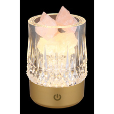Stolní lampa, zlatý plast, průhledný křišťálový efekt, růžové ozdobné kameny, dotykový spínač a stmívač, bez adaptéru, včetně USB kabelu, USB-A 2.0 - USB-C, v dárkové krabičce se srdíčkem, ø: 78mm V: 105mm, LED 1W 230V, výkon 95lm, 3000K