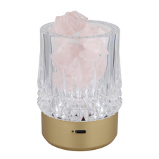 Stolní lampa, zlatý plast, průhledný křišťálový efekt, růžové ozdobné kameny, dotykový spínač a stmívač, bez adaptéru, včetně USB kabelu, USB-A 2.0 - USB-C, v dárkové krabičce se srdíčkem, ø: 78mm V: 105mm, LED 1W 230V, výkon 95lm, 3000K