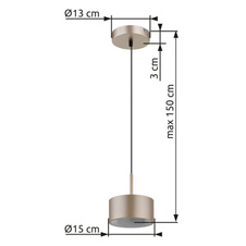 Závěsné svítidlo,matný plast v barvě šampaň, bílý plast, PVC transparentní kabel, výškově nastavitelné, ø: 150mm, V: 1500mm, včetně LED 12W 230V, zdroj 1200lm, výkon 900lm, 3000K