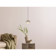 Závěsné svítidlo,matný plast v barvě šampaň, bílý plast, PVC transparentní kabel, výškově nastavitelné, ø: 150mm, V: 1500mm, včetně LED 12W 230V, zdroj 1200lm, výkon 900lm, 3000K