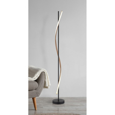 Stojací lampa, kov černý mat, hliník imitace dřeva, bílý plast, černý PVC kabel, nožní spínač v kabelu, ø: 200 mm, V: 1507 mm, délka kabelu 1800 mm, včetně LED 30W 230V, zdroj 3180lm, výkon 1225lm, 3000K