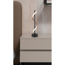 Stolní lampa, kov černý mat, hliník imitace dřeva, bílý plast, černý PVC kabel, kolébkový vypínač na kabelu, ø: 155 mm, V: 493 mm, délka kabelu 1800 mm, včetně LED 12,5 W 230 V, zdroj 1380 lm, výkon 540 lm, 3000K