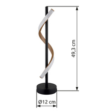 Stolní lampa, kov černý mat, hliník imitace dřeva, bílý plast, černý PVC kabel, kolébkový vypínač na kabelu, ø: 155 mm, V: 493 mm, délka kabelu 1800 mm, včetně LED 12,5 W 230 V, zdroj 1380 lm, výkon 540 lm, 3000K