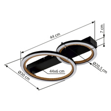 Stropní svítidlo, kov černý mat, ABS černý mat, hliník imitace tmavého dřeva, plast bílý, DxŠxV: 440x300x70mm, ø kruhů: 1x 205mm a 300mm, včetně LED 30W 230V, zdroj 3500lm, výkon 1080lm,3000K