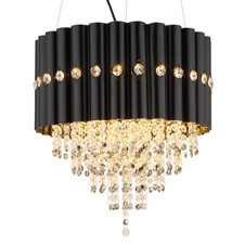 Závěsné svítidlo, černý kov, kouřové krystaly K5, čiré, černý PVC kabel, ø: 400mm, V: 1500mm, bez žárovek 3xE27, max. 40W 230V