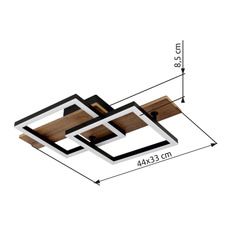 Stropní svítidlo, kov černý matný, MDF vzhled tmavého dřeva, černý matný plast, bílý plast, DxŠxV: 440x330x85mm, čtverce: 220x220mm, včetně LED 16W 230V, zdroj 1720lm, výkon 900lm, 3000K