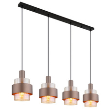 Závěsné svítidlo, černý matný kov, jantarové sklo, čirý gradient, bronzový kov, černý PVC kabel, výškově nastavitelné, DxŠxV: 1100x185x1500mm, bez žárovek 4xE27, max. 60W 230V