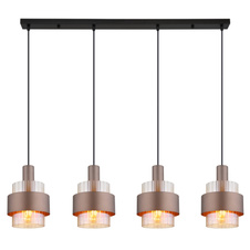 Závěsné svítidlo, černý matný kov, jantarové sklo, čirý gradient, bronzový kov, černý PVC kabel, výškově nastavitelné, DxŠxV: 1100x185x1500mm, bez žárovek 4xE27, max. 60W 230V