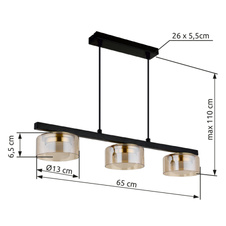 Závěsné svítidlo, černý matný kov, černý kartáčovaný hliník zlatý, jantarové sklo, černý PVC kabel, DxŠxV: 650x130x1100mm, včetně žárovek 3xGX53 LED, max. 6W 230V, zdroj 400lm, výkon 330lm, 1800K, včetně LED žárovky 10162