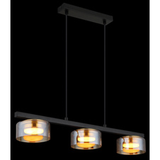 Závěsné svítidlo, černý matný kov, černý kartáčovaný hliník zlatý, jantarové sklo, černý PVC kabel, DxŠxV: 650x130x1100mm, včetně žárovek 3xGX53 LED, max. 6W 230V, zdroj 400lm, výkon 330lm, 1800K, včetně LED žárovky 10162