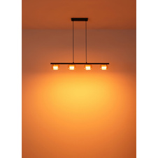 Závěsné svítidlo, černý matný kov, černý kartáčovaný hliník zlatý, jantarové sklo, černý PVC kabel, DxŠxV: 900x130x1100mm, včetně žárovek 4xGX53 LED, max. 6W 230V, zdroj 400lm, výkon 330lm, 1800K, včetně LED žárovky 10162