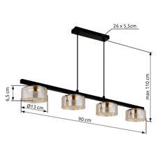 Závěsné svítidlo, černý matný kov, černý kartáčovaný hliník zlatý, jantarové sklo, černý PVC kabel, DxŠxV: 900x130x1100mm, včetně žárovek 4xGX53 LED, max. 6W 230V, zdroj 400lm, výkon 330lm, 1800K, včetně LED žárovky 10162