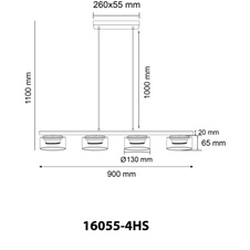 Závěsné svítidlo, černý matný kov, černý kartáčovaný hliník, kouřové sklo, černý PVC kabel, DxŠxV: 900x130x1100mm, včetně žárovek 4xGX53 LED, max. 6W 230V, zdroj 400lm, výkon 270lm, 1800K, včetně LED žárovky 10162