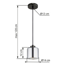 Závěsné svítidlo, kov černý matný chrom, sklo bílé a chromové, černý textilní kabel, výškově nastavitelné, ø: 140mm, V: 1200mm, bez žárovky 1xE27, max. 60W 230V