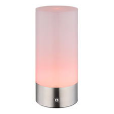 Stolní lampa, kov nikl, bílý plast, bílý PVC kabel, dotykový spínač a stmívač, RGB měnič barev a fixace barev, bez adaptéru, USB-C - USB-C, IP44, ø: 88mm, V: 190mm, délka kabelu 1000mm, včetně RGBW LED 1,8W 230V, výkon 100lm, barva 2900K.