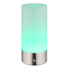 Stolní lampa, kov nikl, bílý plast, bílý PVC kabel, dotykový spínač a stmívač, RGB měnič barev a fixace barev, bez adaptéru, USB-C - USB-C, IP44, ø: 88mm, V: 190mm, délka kabelu 1000mm, včetně RGBW LED 1,8W 230V, výkon 100lm, barva 2900K.