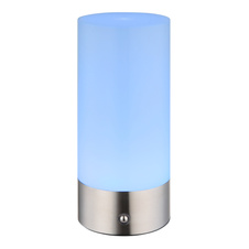 Stolní lampa, kov nikl, bílý plast, bílý PVC kabel, dotykový spínač a stmívač, RGB měnič barev a fixace barev, bez adaptéru, USB-C - USB-C, IP44, ø: 88mm, V: 190mm, délka kabelu 1000mm, včetně RGBW LED 1,8W 230V, výkon 100lm, barva 2900K.