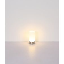 Stolní lampa, kov nikl, bílý plast, bílý PVC kabel, dotykový spínač a stmívač, RGB měnič barev a fixace barev, bez adaptéru, USB-C - USB-C, IP44, ø: 88mm, V: 190mm, délka kabelu 1000mm, včetně RGBW LED 1,8W 230V, výkon 100lm, barva 2900K.