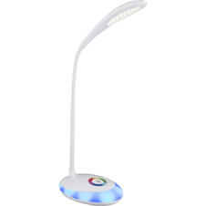 Stolní lampa, plast, bílá, plast satinovaný, flexo, základna s RGB LED, změna barvy světla, fixace barev, dotykový stmívač, DxŠxV: 30x11x48cm, včetně 1xLED 3W 5V, 230lm, 5000K, 1xRGB LED 1,4W 3,2V.