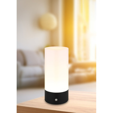 Stolní lampa, černý kov, bílý plast, černý PVC kabel, dotykový spínač a stmívač, RGB měnič barev a fixace barev, bez adaptéru, USB-C - USB-C, IP44, ø: 88mm, V: 190mm, délka kabelu 1000mm, včetně RGBW LED 1,8W 230V, výkon 100lm, barva 2900K.