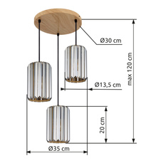 Závěsné svítidlo, kovový vzhled dřeva, krystaly K5 kouřové barvy, textilní kabel černý, ø: 350mm, V: 1200mm, bez žárovek 3xE27, max. 60W 230V