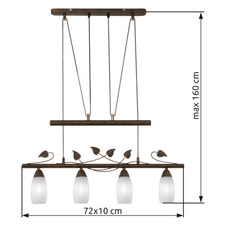 Závěsné svítidlo, kov v barvě rzi, vzhled skla a alabastru, výškově nastavitelné, DxŠxV: 720x100x1600mm, výškově nastavitelné 1600mm-1000mm, bez žárovek 4xE14, max. 28W 230V