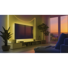 LED pásek, bílý plast, průhledný, tlačítkový vypínač, bez adaptéru, s připojením USB-C, 8 přepínatelných světelných efektů, DxŠxV: 10000x5x4mm, vzdálenost mezi LED 100mm, počet žárovek 100, včetně LED 0,06W 5V, 3000K