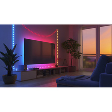 LED pásek, bílý plast, průhledný, tlačítkový a krokový vypínač, RGB změna barvy a fixace, bez adaptéru, s USB-C, 27 přepínatelných světelných efektů, DxŠxV: 10000x5x4mm, vzdálenost mezi LED 100mm, počet žárovek 100, včetně RGB LED 0,06W 5V