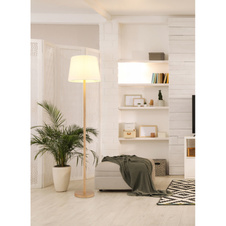 Stojací lampa, kovový vzhled dřeva, textilní bílá, PVC kabel černý, nožní vypínač v kabelu, ø: 350mm, V: 1510mm, délka kabelu 1800mm, bez žárovky 1xE27, max. 40W 230V