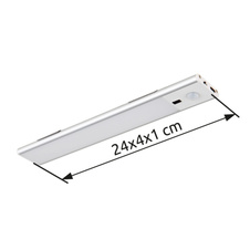 Světlo pod skříňku, hliník stříbrný, plast bílý, bez adaptéru, USB-A - USB-C, senzor, magnet, stmívání pohybem ruky, doba nabíjení cca 2 hod. DxŠxV: 240x40x10mm, kabel 500mm, LED 1,4W 230V 100lm 4000K