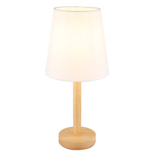 Stolní lampa, kovová vzhled dřeva, textilní bílá, kabel PVC černý, kolébkový vypínač na kabelu, ø: 200mm, V: 450mm, délka kabelu 1500mm, bez žárovky 1xE14, max. 25W 230V