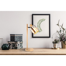 Stolní lampa, kov, vzhled dřeva, krystaly K5 kouřové barvy, černý PVC kabel, kolébkový vypínač na kabelu, DxŠxV: 150x130x400mm, délka kabelu 1600mm, bez žárovky 1xE14, max. 40W 230V