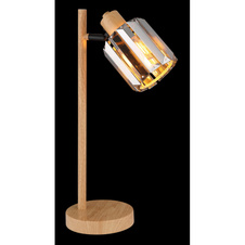 Stolní lampa, kov, vzhled dřeva, krystaly K5 kouřové barvy, černý PVC kabel, kolébkový vypínač na kabelu, DxŠxV: 150x130x400mm, délka kabelu 1600mm, bez žárovky 1xE14, max. 40W 230V