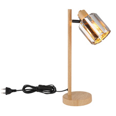 Stolní lampa, kov, vzhled dřeva, krystaly K5 kouřové barvy, černý PVC kabel, kolébkový vypínač na kabelu, DxŠxV: 150x130x400mm, délka kabelu 1600mm, bez žárovky 1xE14, max. 40W 230V