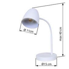 Stolní lampa, bílý kov, kolébkový vypínač na kabelu, flexo, ŠxD: 150x400mm, délka kabelu 1500mm, bez žárovky 1xE14, max. 25W 230V