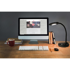 Stolní lampa, černý plast, PVC kabel, dotykové zapínání/vypínání, stmívatelná, krokový vypínač, včetně adaptéru, Flexo, přídavné funkce: 3stupňové stmívání, DxŠxVxH: 150x132x320mm, včetně LED 4,6W 230V, zdroj 500lm, výkon 300lm, 3000K