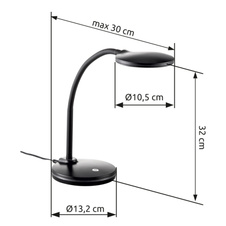Stolní lampa, černý plast, PVC kabel, dotykové zapínání/vypínání, stmívatelná, krokový vypínač, včetně adaptéru, Flexo, přídavné funkce: 3stupňové stmívání, DxŠxVxH: 150x132x320mm, včetně LED 4,6W 230V, zdroj 500lm, výkon 300lm, 3000K