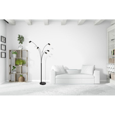 Stojací lampa, černý matný kov, černý PVC kabel, kolébkový vypínač na výrobku, DxŠxV: 700x730x2040mm, délka kabelu 1800mm, bez žárovek 5x GU10 35W 230V