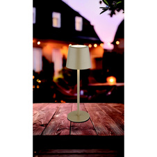 Stolní lampa, kov pískové barvy, plast bílý, dotykové zapnutí/vypnutí, plynule nastavitelná dotykovým stmívačem, bez adaptéru, včetně kabelu USB, USB-C, IP44, nabíjí se 4h, svítí 6h, ø: 85mm, V: 280mm, LED 1,2W 230V, výkon 50lm, CCT 3000/6000/4000K