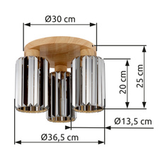 Stropní svítidlo, kov imitace dřeva, K5 kouřové křišťály, ø: 350mm, V: 250mm, bez žárovek 3xE27, max. 60W 230V