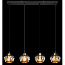 Závěsné svítidlo, kov černý matný, kov mosaz, kovové tyče černé matné, skleněné křišťály průhledné, kabel PVC černý, nastavitelná výška, DxŠxV:730x125x1500mm, bez žárovek 4x E14,max. 40W 230V